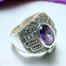 Amethyst Gemstone With 925 Sterling Silver Grooms Ring For Men's #AL90