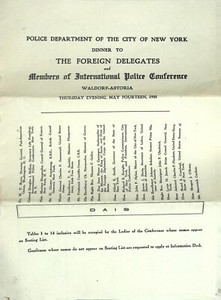 New York City NYC Police Department 1925 Dinner to Foreign Delegates List Rare