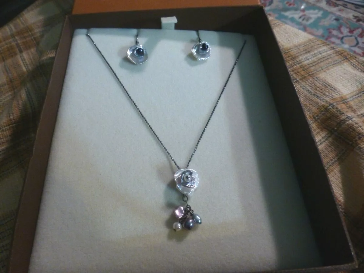 FIRE ICE Fire Pearl SILVER 925 NECKLACE Earrings Set W Box 18
