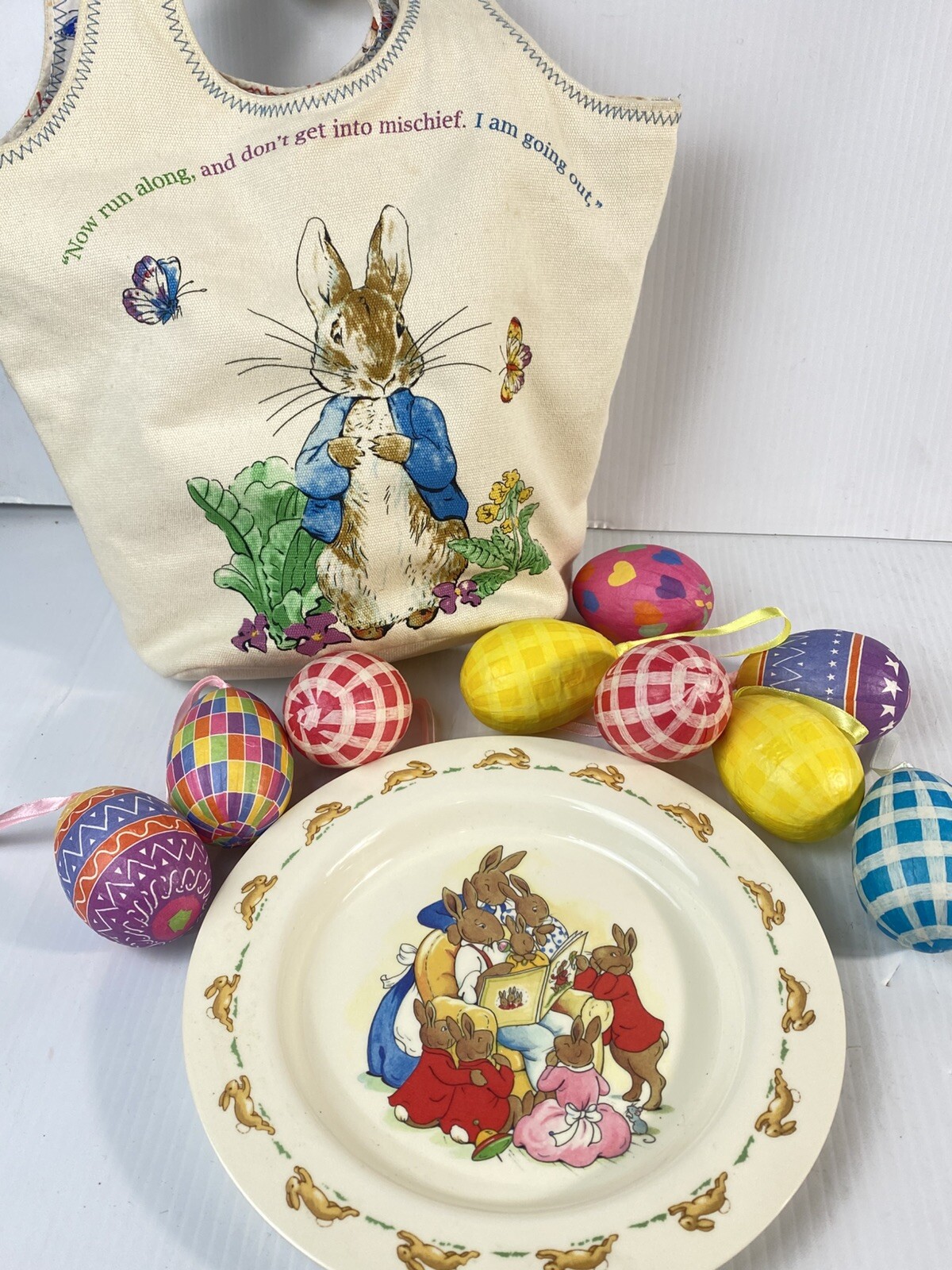 Royal Doulton Bunnykins Plate, Beatrix Potter Canvas Bunny Basket Tote Lot Eggs