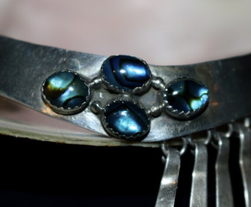 Vintage 925 Abalone Shell Silver Cuff Bracelet Ha… - image 3