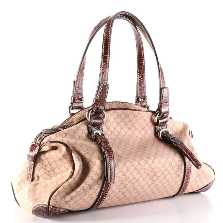 Celine Zip Shoulder Tote in Macadam Canvas and Croc-Embossed