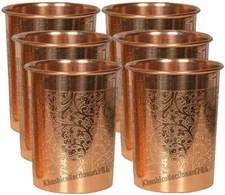100% Copper Water Drinking Storage Tumbler Glass Embossed Health Benefits 300ML