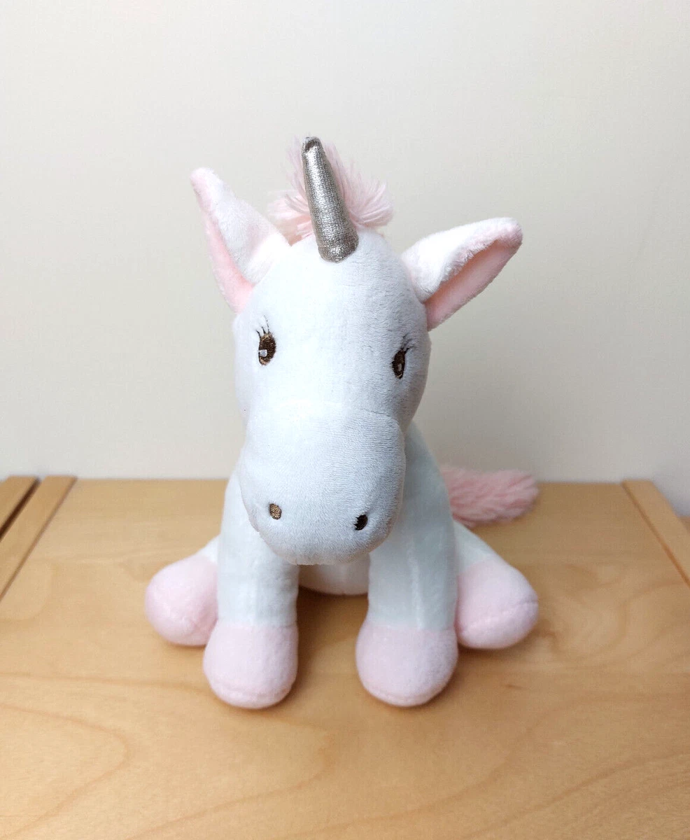 Peluche doudou licorne blanche rose corne dorée queue rose