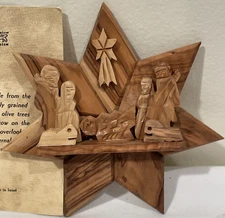 Vtg NOS NATIVITY Carved Olive Wood Manger Handmade Israel Holy Land Hanging Star
