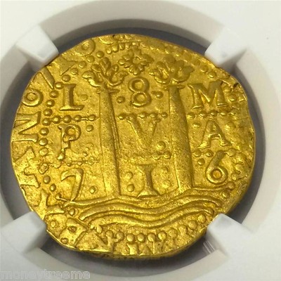 PERU 8 ESCUDOS GOLD DOUBLOON 1716 NGC 58 