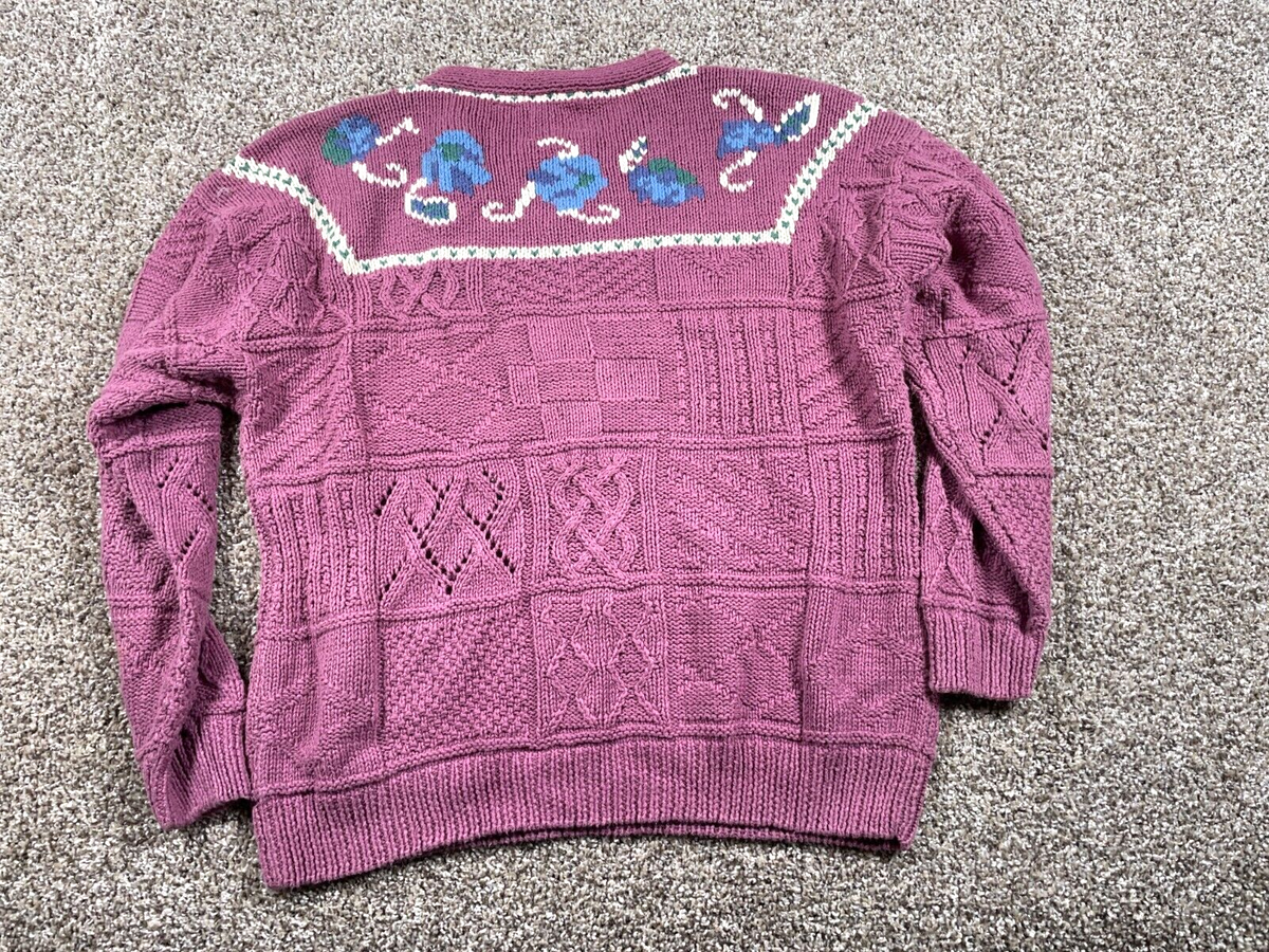 VTG Hand Knit Paisley Pattern V Neck Sweater Women's XL Pink