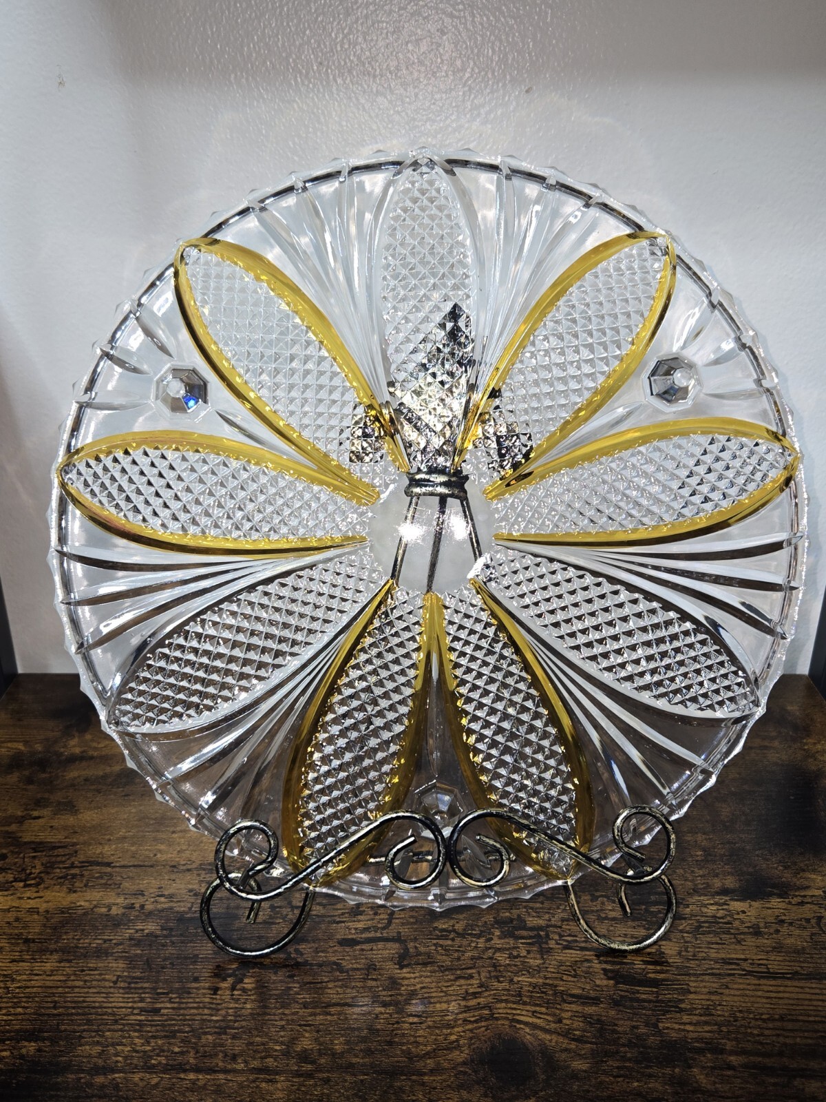 Bohemian Crystal Diamond Cut Footed Cake Plate Orange & Clear Vintage