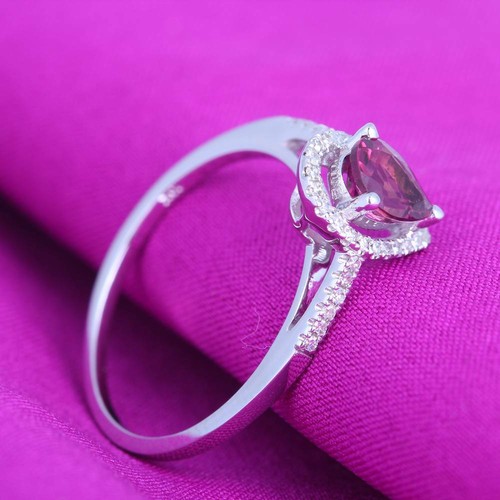 14K White Gold 7x5mm Pear Ladys Engagement Genuine Tourmaline Diamond Ring Gift - Picture 5 of 6