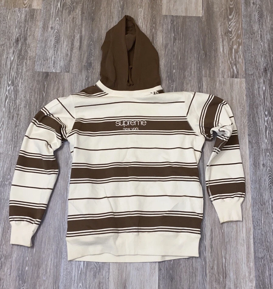 Supreme F/W16 Striped Hooded Crewneck Classic Logo Brown /Cream