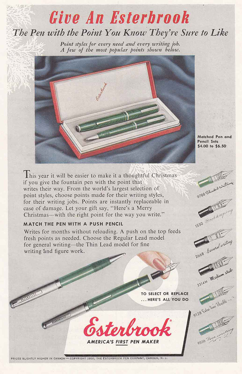 1950 Esterbrook Pens: The Pen With the Point Vintage Print Ad
