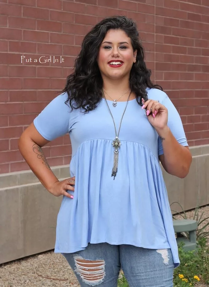 New PLUS SIZE Womens SOFT LIGHT BABY BLUE HI LOW BABYDOLL TUNIC SHIRT 1X 2X  3X