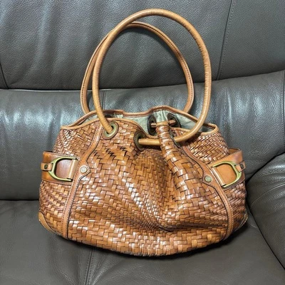 Sac fourre-tout tissé Cole Haan sac à main sac à main cuir marron OCCASION bo... - Photo 1/4