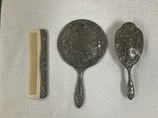 Vintage Silver-Tone Floral Vanity Set Hand Mirror, Hair Brush  Comb