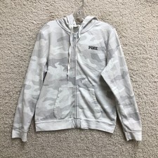 PINK Victorias Secret Hoodie Large Adult Gray Full Zip Camo Sweatshirt Womens L