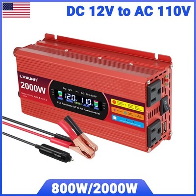 800W 2000W Power Inverter 12V to 110V LCD 2USB 2AC Converter Adapter Off-gird