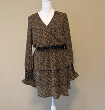 MICHAEL Michael Kors Women's Brown Floral V-Neck A-Line Ruffle Short Dress XS