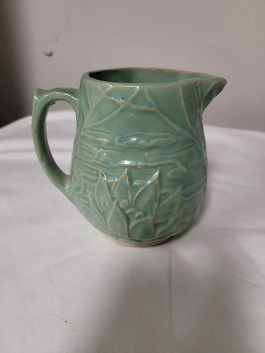 Vintage 1930's Nelson McCoy Pottery Teal Green Water Lily Pitcher # 124 USA 5 In