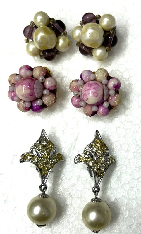 Vintage CLIP ON EARRINGS Lot 3 Pairs Pearl Rhinestone Pink Stone Ladies Womens