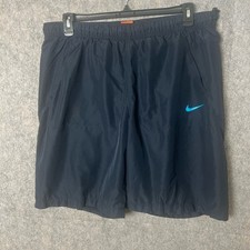 vintage-Nike Men's XL nylon athletic shorts navy blue light blue swoosh logo