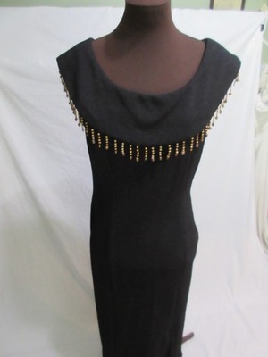Vtg Scarlett Beaded Collar Midi/Maxi Black Jacquard Knit Dress w Side Slit, Sz 6