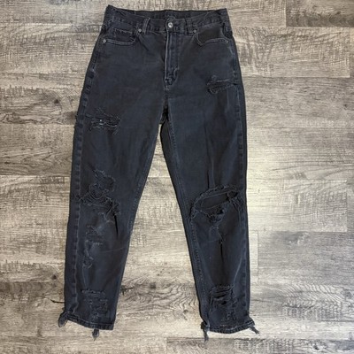 AMERICAN EAGLE Mom Jeans Women s 6 Reg Black Distressed Raw Hem Denim