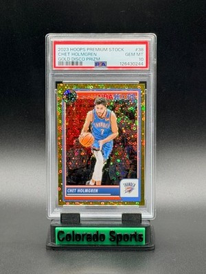 CHET HOLMGREN 2023-24 Hoops Premium Stock #38 Gold Disco Prizm 07/10 PSA 10