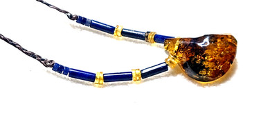 Amber Fossil Natural With Lápiz Lazuli  from Mexico adjustable  hand braided