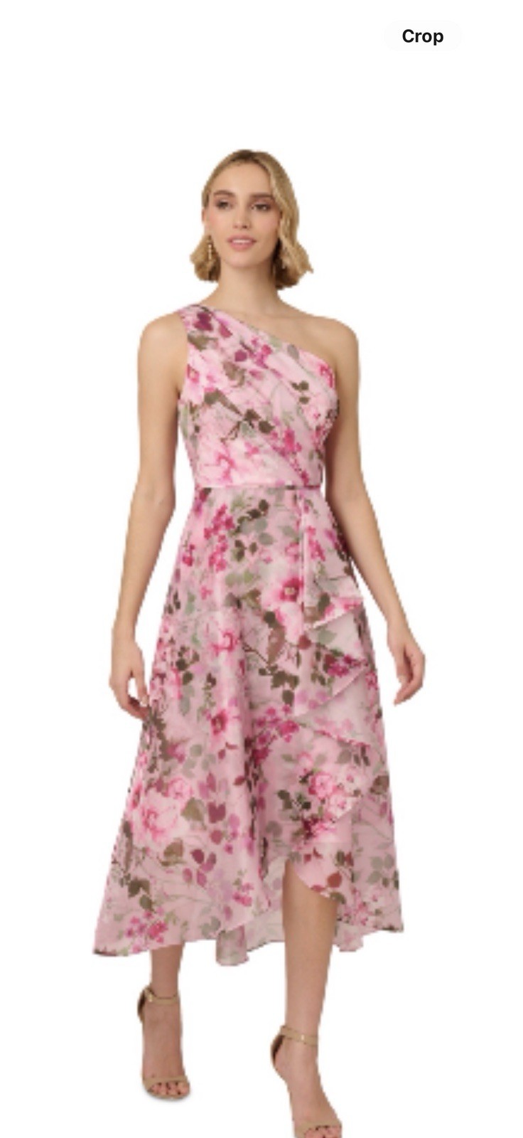 Adrianna Papell Pink Floral One Shoulder Hi-Low Satin Ruffle Lined Dress 6