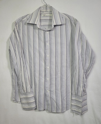 Perry Ellis Shirt Mens Size Large Vintage Button Up Striped Dress Long Sleeve