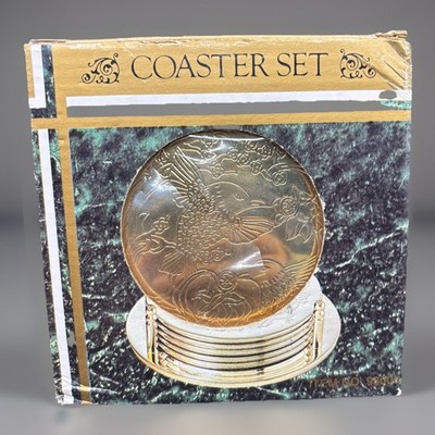 Vtg Humming Bird Engraved Gold Coasters Ensemble De Dessous-De-Verre Set of 6