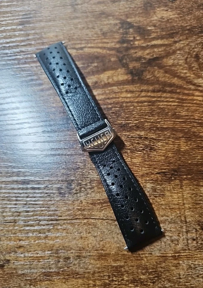 Auténtica correa de cuero negra Heuer Monoco OEM 22 mm y hebilla de despliegue de 18 mm  Foto 2 de 4