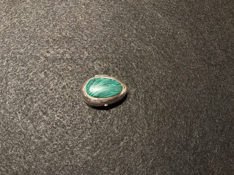 Vintage Silver Hinged Pill Box With  A Malachite Stone, Unmarked