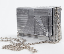 Vintage Metal Box Clutch Bag Silver Patchwork Etched Crossbody Chain Strap Art D