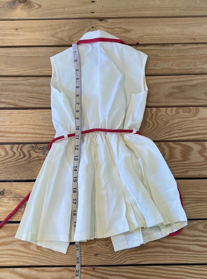 复古手工女孩无袖褶饰连衣裙 4 码象牙色 AH — 第 3/4 张图片