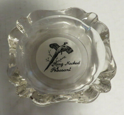 Vtg Ring Necked Pheasant Ashtray Clear Glass with Black/White Graphics 4'' x 4'' 