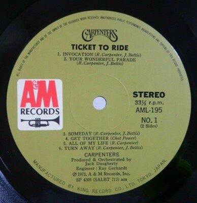 Carpenters Ticket To Ride A&M Records AML 195 Japan OBI