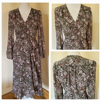 M&S Per Una Green Pink Floral Long Sleeve Floaty Chiffon Faux Wrap Dress  size 10 | eBay UK