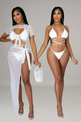 3PCS Sexy Bikini Swimsuit & Mesh Cover Up Mini Dress With Bikini Set (White)