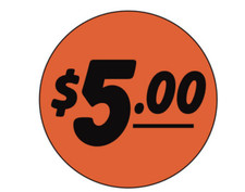 Five Dollar Labels 1000 each per roll size 1.25" Round Oval STICKERS