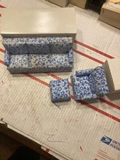 VTG CONCORD DOLLHOUSE MINIATURE BLUE/WHITE SOFA, CHAIR + OTTOMAN, #1835, NIB!