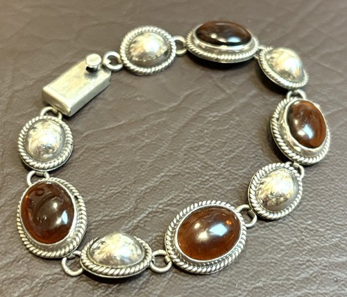 Vintage Taxco Mexico 925 Sterling Silver Bracelet Amber Cabochon Boho 7.5”