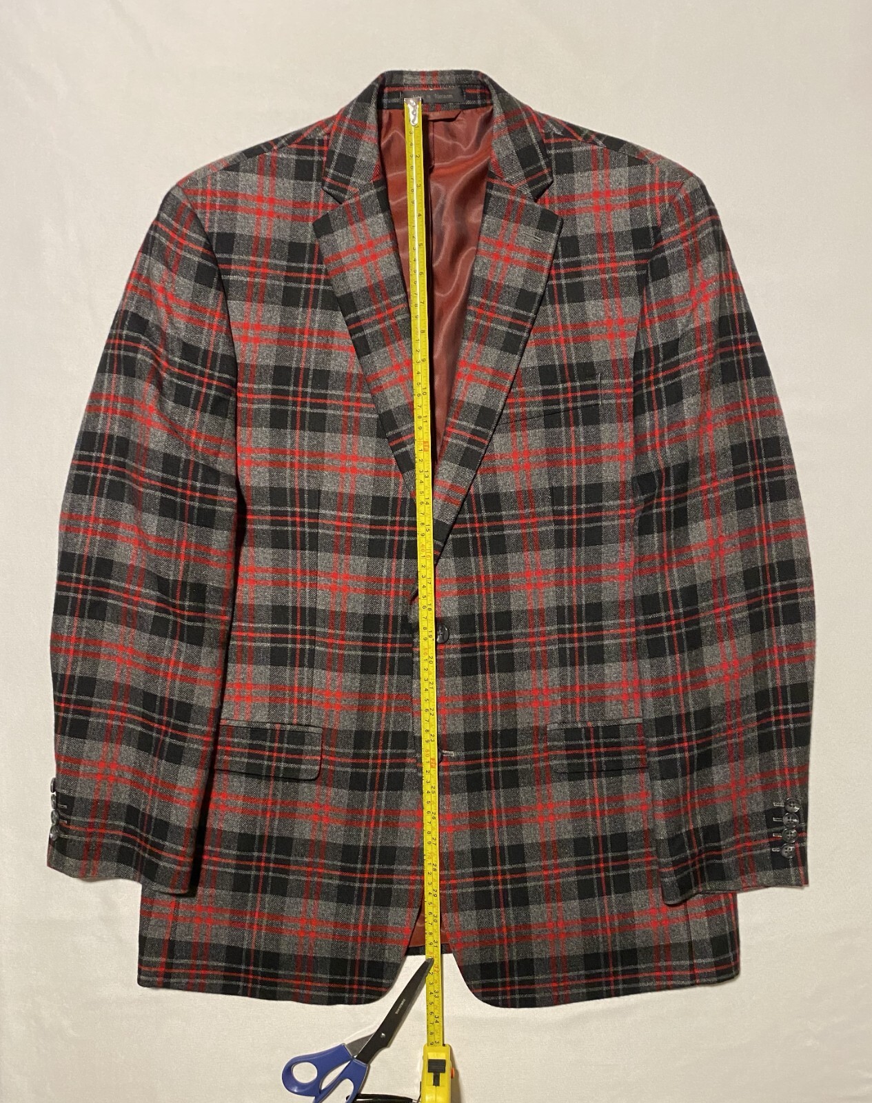 Izod Plaid Black Gray Red Wool Blend Men's Sport Coat Jacket Size 42L EUC