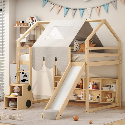 House-Shaped Loft Bed with Slide Tent Wood House Bed Twin Fu