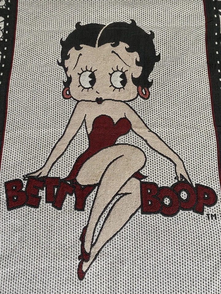 Vintage 90s Betty Boop Throw Blanket Cartoon 1994 Fringe Tapestry Pudgy Bimbo  - Image 4 of 4