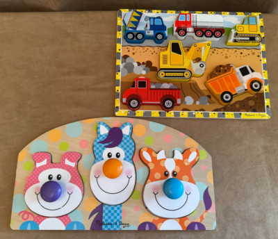 Vintage Melissa & Doug Chunky & Easy Grip Wooden Tray Puzzle Trucks Cars lot 2