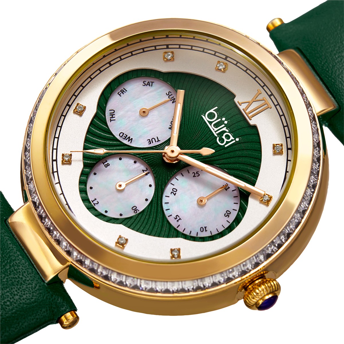 NWT Burgi Green Dial Green Leather Ladies Watch Burgi-Womens-Dazzling-Diamond-  main image 3