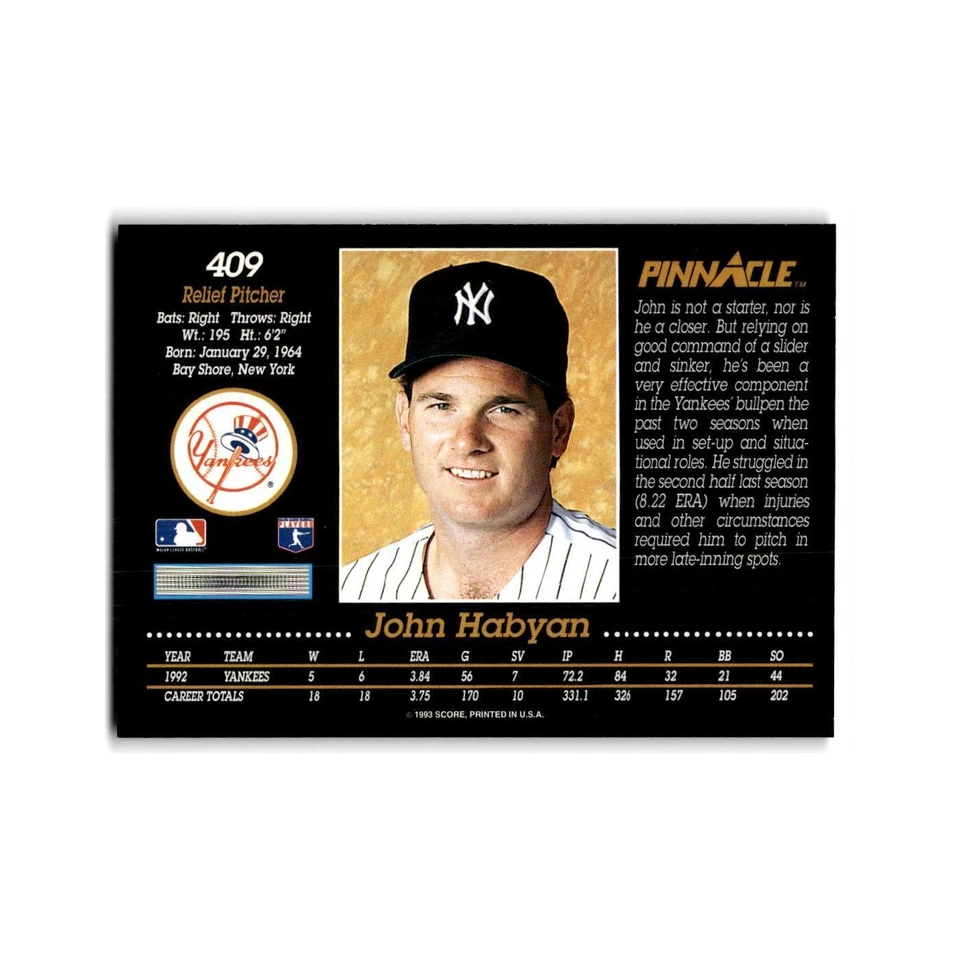 John Habyan 1993 Pinnacle #409 New York Yankees Baseball Card NM - Image 2 of 3