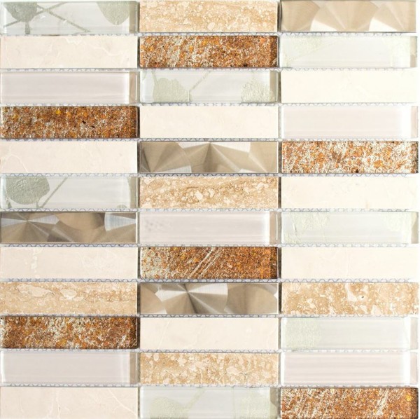 Glasmosaik Edelstahl Beige Braun StäBchen Fliesenspiegel WB87-52X | 1 Mosaiknetz-image