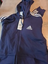 NWT MEN'S ADIDAS GK9053 3- STRIPE FLEECE FULL ZIP TRACK NAVY/WHITE HOODIE